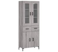 vidaXL 4 Glass and Wood Door 2 Drawer Grey Sonoma Highboard with Black Handle - Size: 180 x 69.5 x 34cm - Wilko