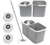 Gr8 Home 360° Dual Spin Mop and Bucket Set with Wringer | Space Saving Mop Bucket with Telescopic Handle & Detergent Dispenser | Spin Mop and Bucket Set with 3 Microfibre Heads