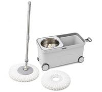 GREY Spin Mop and Bucket Set with Wringer, Hands-Free Stainless Steel Spin System, 360° Rotating Microfiber Mop, 2 Reusable Mop Heads, Wheeled Bucket for Hardwood, Tile, Laminate & Vinyl Floors