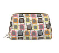 Grey Square Grunge Geometric Background Large Leather Makeup Bag, Cosmetic Bag with Zipper, Travel Cosmetic Organizer for Women Girls