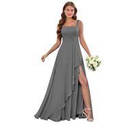 Grey Square Neck Chiffon Bridesmaid Dresses Spaghetti Straps Ruffle Formal Evening Gown Long A Line Wedding Guest Dress with Slit 26 Plus