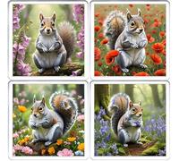 Grey Squirrel Coaster Set. 4 different Squirrel Pictures on 10cm x 10cm Acrylic Coasters. Boxed Coaster Drip Mat Set. Squirrel Gift Coaster Set