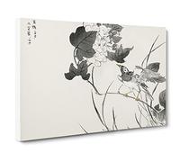 Grey Starling With White Lotus Flowers By Numata Kashu Canvas Print | Gallery Wrapped 30mm Frame Wall Art | 30x20 inches | Ready to Hang | Asian Floral Picture | Living Room Bedroom Lounge Office