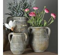 Grey Stone Jar with Handles, Stone Greek Style Whitewashed Rustic Urn Vase Planter, Vintage Style Jar, Rustic Weathered Large Pot, 2 Sizes (Medium)