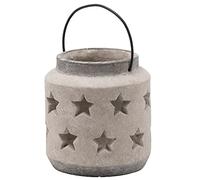 Grey Stone Textured Ceramic Round Stars Cutout Lantern Candle Holder | 19cm Height | New Home Gift | Birthday Present