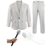 Grey Suit with White Tie and Microphone Costume Set - X-Large - Pop Star Fancy Dress Outfit for Men - 2000s Party, Music Icons, Halloween or Stage Events