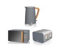 (Grey) Swan Nordic 1.7 Litre Jug Kettle, 4 Slice Toaster & Microwave 800W LED Freestanding