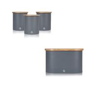(Grey) Swan Nordic Bread Bin with Bamboo Chopping Board Lid & Set of 3 Kitchen Storage Canisters for Tea/Coffee/Sugar or Perishables