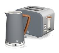 (Grey) Swan Nordic Cotton White Kitchen Set with 1.7L 3Kw Kettle & 2 Slice Toaster, Wood Effect and Soft Touch Matte Finish, Stainless Steel, STP2090WHTN
