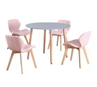 (Grey Table & Pink PU Chairs) Charles Jacobs Round 4 Seat Dinner Table & Chair Circular Scandi Set for Nordic Kitchen Dining