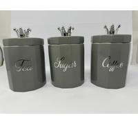 Grey Tea, Coffee, Sugar Canister Set, 3-Piece Ceramic Storage Jars with Silver Crown Lids & Diamante Sparkle Design, Stylish Kitchen Countertop Decor - 15x11cm TCS Containers