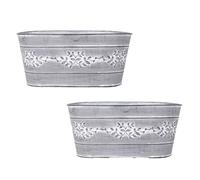 YouGarden Pair of Leaf Vine Tin Trough Planters in Grey, Perfect for your garden plants
