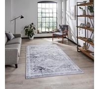 Grey Traditional Persian Bordered Geometric Rug For Dining Room Bed Room And Living Room-60 X 225Cm (Runner)