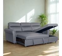 (Grey) Universal Roma Air Leather Sofa Bed Chaise L Shape Corner Sofa Convertible Sofa Pull-Out, Hidden Storage Sleeper Couch with Fold-Out Bed