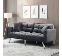 Grey Velvet 2-Seater Sofa Bed with Metal Legs - Click-Clack Convertible Settee with 2 Pillows (Grey Paris Sofa Bed)
