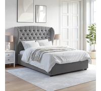 Grey Velvet Double Ottoman Bed with Winged Chesterfield Headboard - Safina