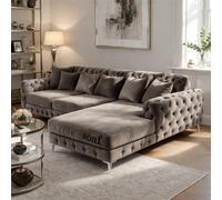(Grey Velvet, Right Hand Chaise) Luxury Chesterfield Chaise Sofa Longue Plush Velvet L Shape Corner Settee Couch