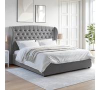 Grey Velvet Super King Ottoman Bed with Winged Chesterfield Headboard - Safina