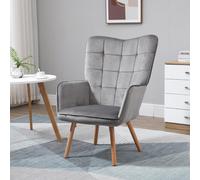 Grey Velvet-Touch Wingback Accent Chair | Quilted Modern Armchair Wood Legs