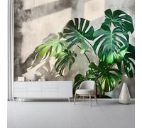 Grey Wall Mural Photo Wallpaper Mural - Minimalist Plant Monstera Leaf Illustration Non-Woven Decorative Wallpaper for Children's Bedroom Living Room Home Decoration, 150 X 105 Cm (W X H)
