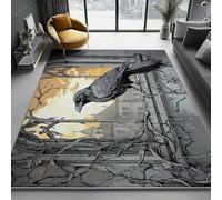 Grey Washable Area Rug 160 x 230 cm, Hand-Painted Crows Ivy Printed Design Short Lint Non-Slip Backing Carpet For Living Room, Open-Plan Lounge Tea Rooms Country Estates Outdoor Rug