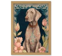 Grey Weimaraner Dog with Ornate Pattern Fur Coat and Flowers Modern Art Nouveau Illustration Artwork Framed Wall Art Print A4 Artery8 Light Oak One Size