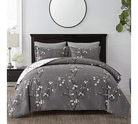 Grey White Reversible Floral Bedding Set 3 Pieces Tree Branch and Plum Flower Printed Duvet Cover Set with 2 Pillowcases Soft Microfiber Botanical Branch King Size 220x230 cm