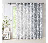 Grey White Sliding Door Curtain 84 inch Length Semi Sheer Leaf Print Curtains for Living Room Bedroom Linen Textured Look Light Filtering Window Curtain Panels Botanical Window Drapes 100” w 1pcs