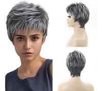 Grey Wig, Temperament Oblique Bangs Texture, Fluffy Short Hair, Black Gradient Silver Middle-Aged Womens Wig, Natural Daily Use Hair Suitable for Girls and Women