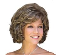 Grey Wigs for Women, Fluffy Temperament with Bangs Bob Short Curly Wig Brown Gradient Gray Thick Hair Suitable for Daily Use By Middle-Aged and Elderly Women