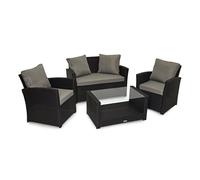 (Grey, With Cover) EVRE 4 Seater Rattan Garden Conservatory Patio Furniture Sofa Armchair Roma Set with Glass Top Coffee Table Wicker Weave Sofa and Cushions