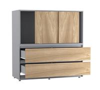 Urbn-Living Urbnliving 120Cm Height Grey With 3 Sliding Oak Door 4 Drawer Bedside Cabinet Storage End Unit Bedroom Furniture
