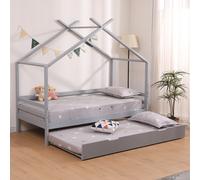 (Grey With Trundle, 2 x 10cm Comfort Foam Mattress) Teddy Kids Wooden House Treehouse Single Bed & Optional Trundle - Grey / White