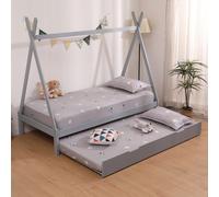 (Grey With Trundle, No Mattress) Harry Teepee Tent Kids Single Wooden Bed Frame