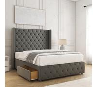 (Grey (without Mattress), 4ft Small Double) Ruby Divan Double Bed Frame with Mattress Included Plush 54inch Wingback Chesterfield Headboard 2 Storage Drawers Footend Side