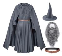 Grey Wizard Costume Mens Adult Robe Hooded Cloak Outfits Hat Full Set Halloween Cosplay, Grey, Medium