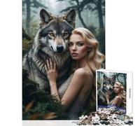 Grey Wolf And BlondeWoman in Forest Jigsaw Puzzles 1000 Pieces for Teenagers Relaxing Quiet Leisure Fun Relaxing Soothing Indoor Play (38X26cm)
