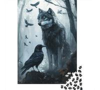 Grey Wolf Jigsaw Puzzle 1000 Piece Jigsaw Puzzle Paper for Adults Misty Forest Raven Focus Training Family Activities Home Decor Gift 70x50cm/1000pcs