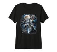 Grey Wolf Under Full Moon, Space, Galaxy, and Stars Premium T-Shirt