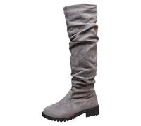 Grey Womens Knee High Brown Slouchy Boots Suede Flat Chunky Block Low Heel Pull on Slouch Round Toe Tall Long Boots Footwear Trendy UK 6 Clearance