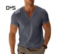 (grey, XL) Men's Henry Collar T-shirt Short Sleeve Solid Color Summer Tee Shirt Cotton Blend Casual Top for Daily Wear Beach Travel