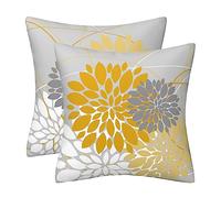 Grey Yellow Pillow Covers 18x18 Inch Spring Summer Dahlia Throw Pillow Covers Geometric Floral Elegant Line Square Cushion Cases Farmhouse Outdoor Home Decor for Sofa Bed Living Room, Set of 2