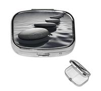 Grey Zen Stones Picture Pill Box 2 Compartment Square Portable Pill Case for Pocket or Purse Small Weekly Medicine Planner Travel Pillbox with Mirror Decorative Metal Vitamin Holder Gifts