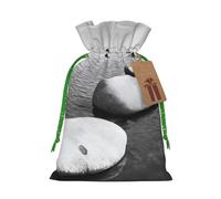 (Grey Zen Stones Picture) Printed Christmas S Size Gift Bags with Green Ribbon Drawstring Candy Bags for Kids Xmas Holiday Christmas Eve Presents