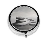 Grey Zen Stones Picture Printed Round Pill Organizer with 3 Compartments, Portable Mini Pill Box Pill Case for Medicine, Vitamin, Fish Oil, Supplements