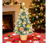 Greyghost Small Christmas Tree with Lights, 45CM Pre-Lit & Pre-decorated Desk Tree with Star Topper, Gold Artificial Mini Christmas Tree for Home Office Tabletop Decor, Indoor Christmas Trees Gift