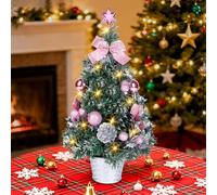 Greyghost Small Christmas Tree with Lights, 45CM Pre-Lit & Pre-decorated Desk Tree with Star Topper, Pink Artificial Mini Christmas Tree for Home Office Tabletop Decor, Indoor Christmas Trees Gift