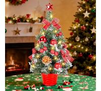 Greyghost Small Christmas Tree with Lights, 45CM Pre-Lit & Pre-decorated Desk Tree with Star Topper, Red Artificial Mini Christmas Tree for Home Office Tabletop Decor, Indoor Christmas Trees Gift