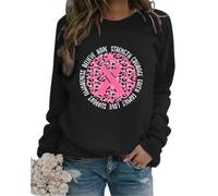 Grezea Breast Cancer Awareness Women Casual Crew Neck Sweatshirt Pink Ribbon Graphic