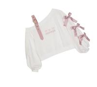 grhaat Kawaii Off Shoulder Bowknot Hoodie Japanese Lolita Embroidered Heart Graphic Cute Lace Up Crop Top Casual Pullover, White Top, Medium